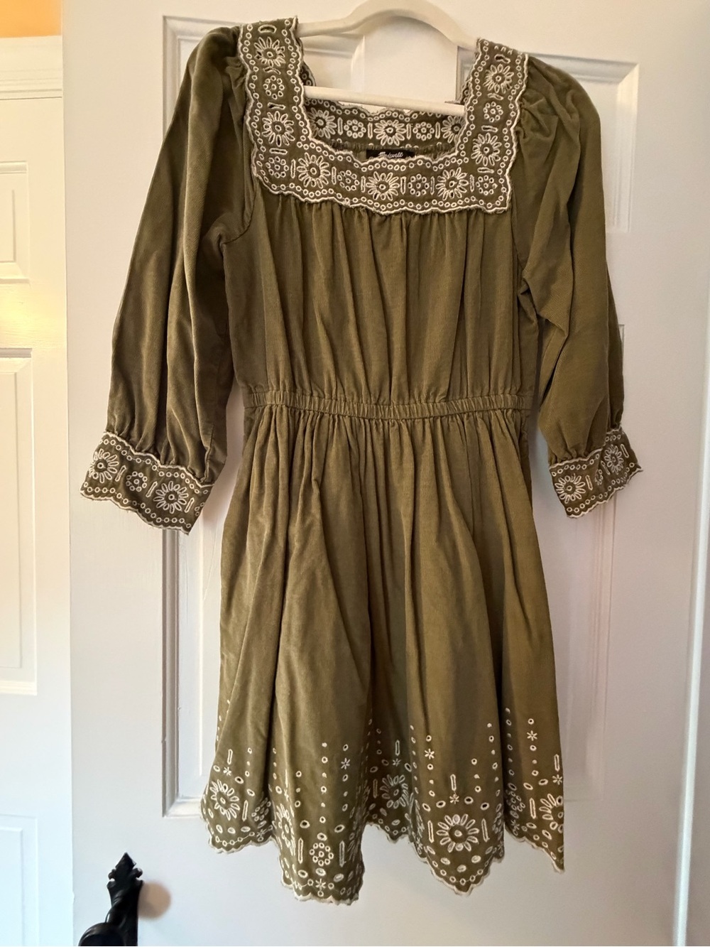 Madewell Olive Green Embroidered Square-Neck Dress